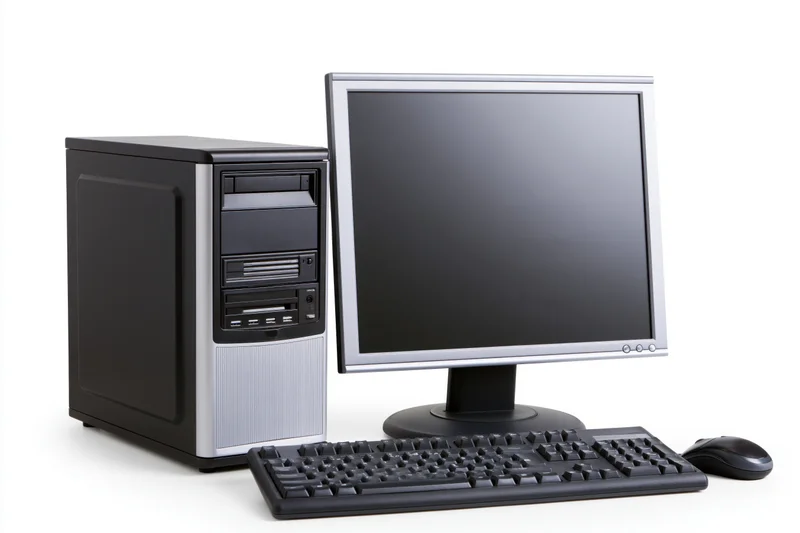 Desktop computer setup with tower case, flat lcd monitor, keyboard and mouse on white background