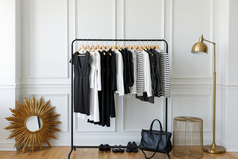 Minimalist clothing rack with black and white garments in a modern room
