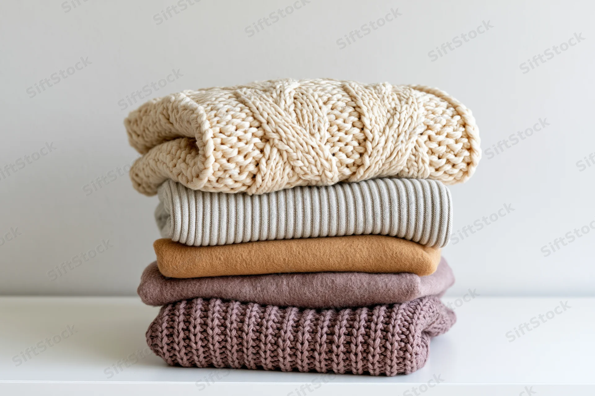 Stack of folded knit sweaters in neutral tones on white shelf