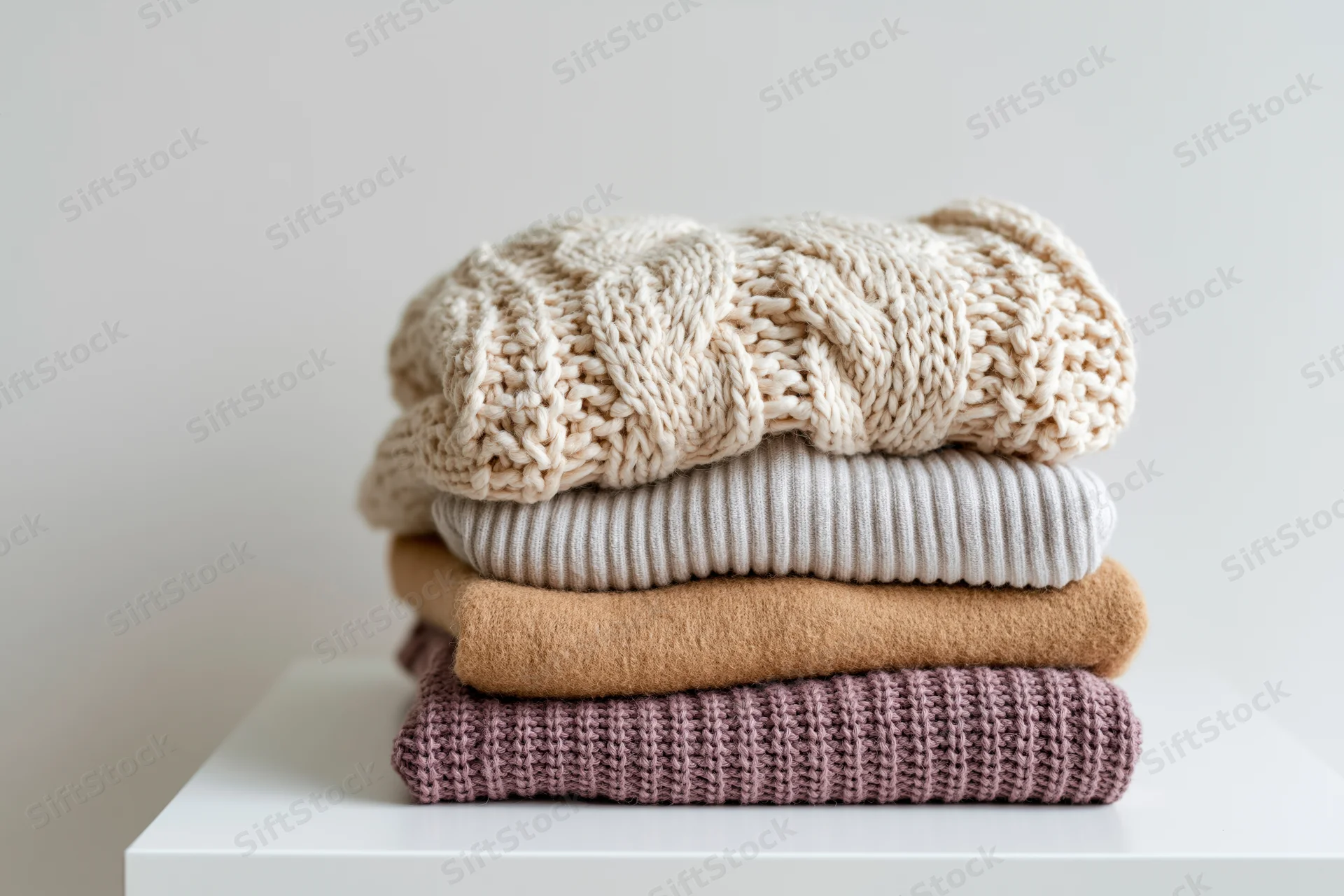 Stack of four folded knit sweaters on white surface