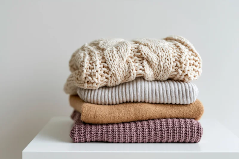 Stack of four folded knit sweaters on white surface