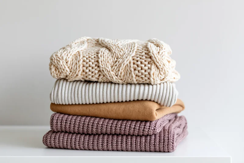 Stack of folded knit sweaters in neutral tones on white surface