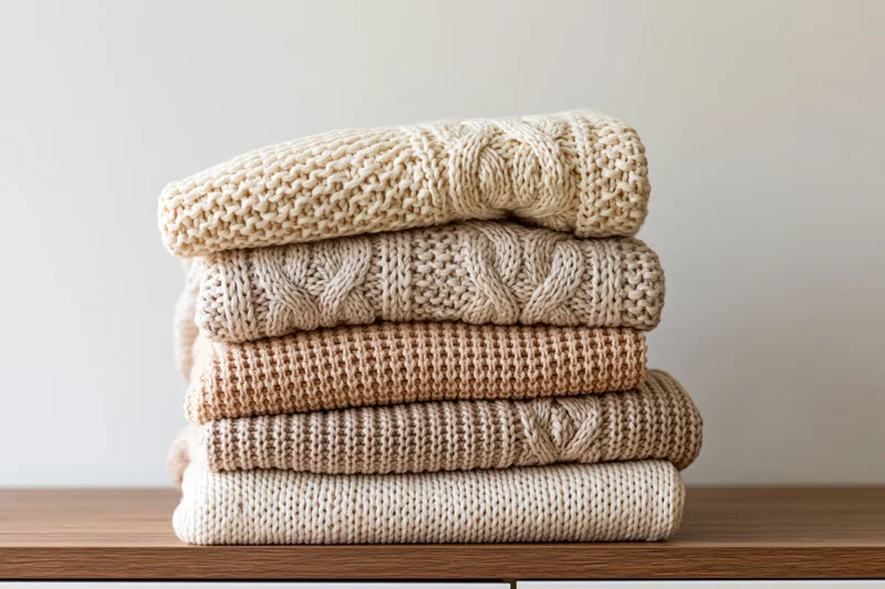 Stack of folded knit sweaters in neutral tones on wooden surface