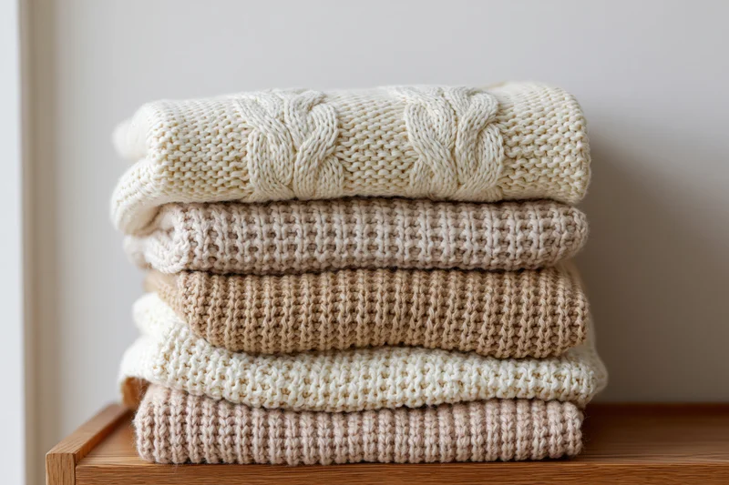 Stack of folded knit sweaters in neutral tones on wooden furniture