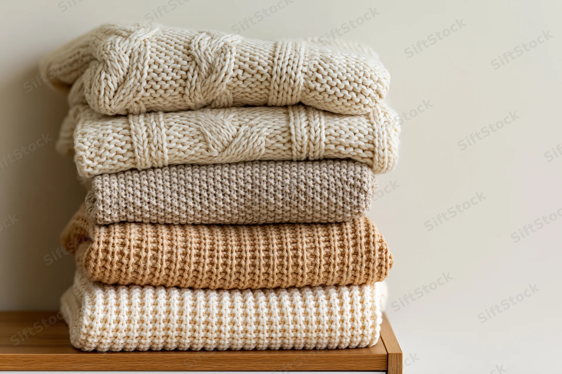 Stack of folded knit sweaters in neutral tones on wooden shelf