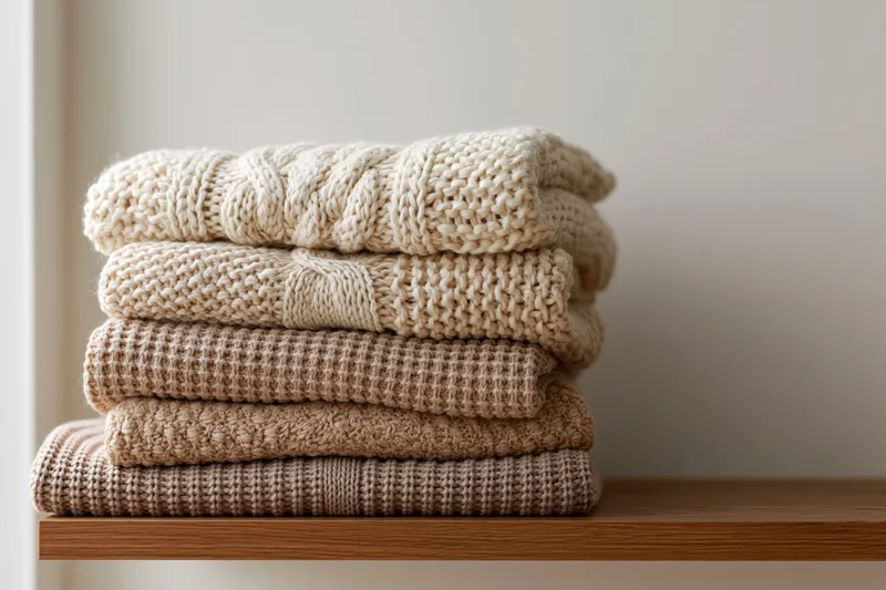 Stack of folded knit sweaters on wooden shelf