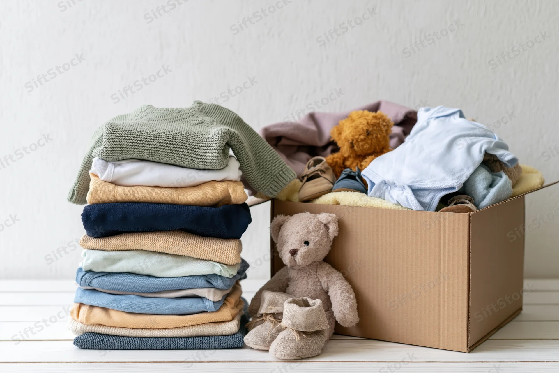 Stack of folded baby clothes beside an open cardboard box with toys and clothing inside on a white surface
