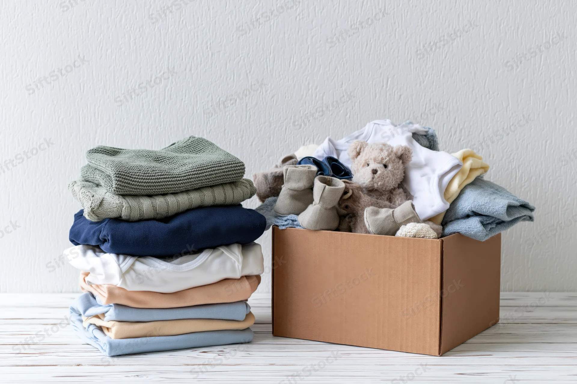 Stack of folded baby clothes beside an open cardboard box filled with infant garments and toys on a white wooden floor