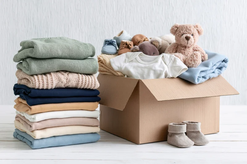 Stack of folded baby clothes beside an open cardboard box filled with infant clothing and toys on a white wooden surface