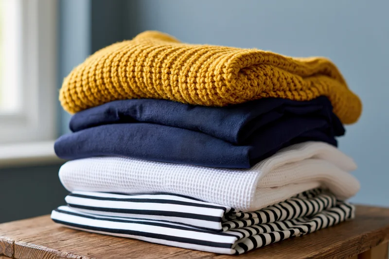 Stack of folded casual knitwear and cotton tops on wooden table