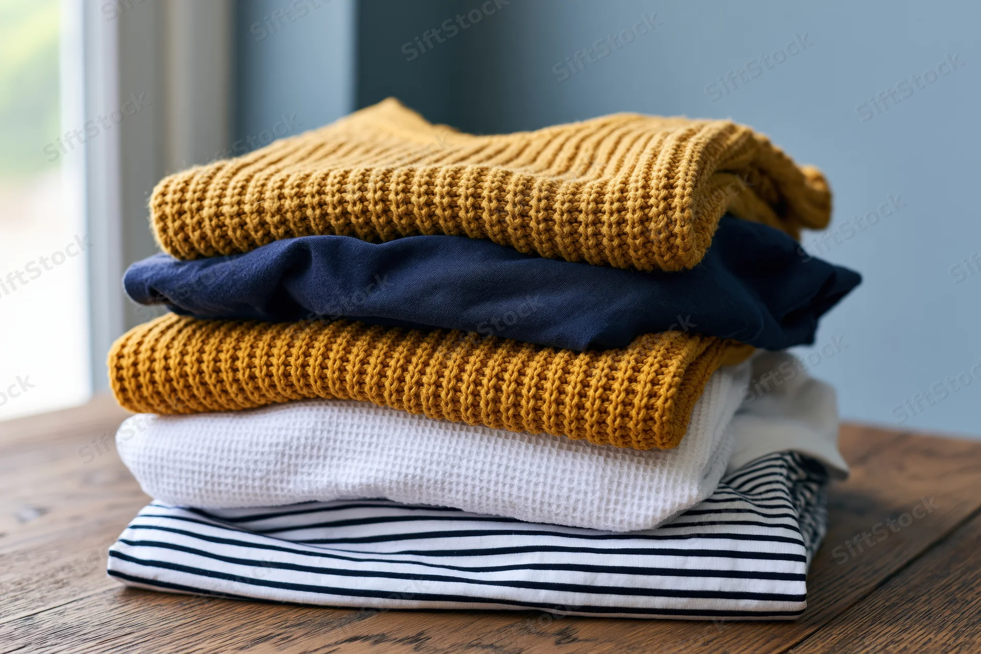 Stack of folded casual knitwear and cotton tops on wooden table