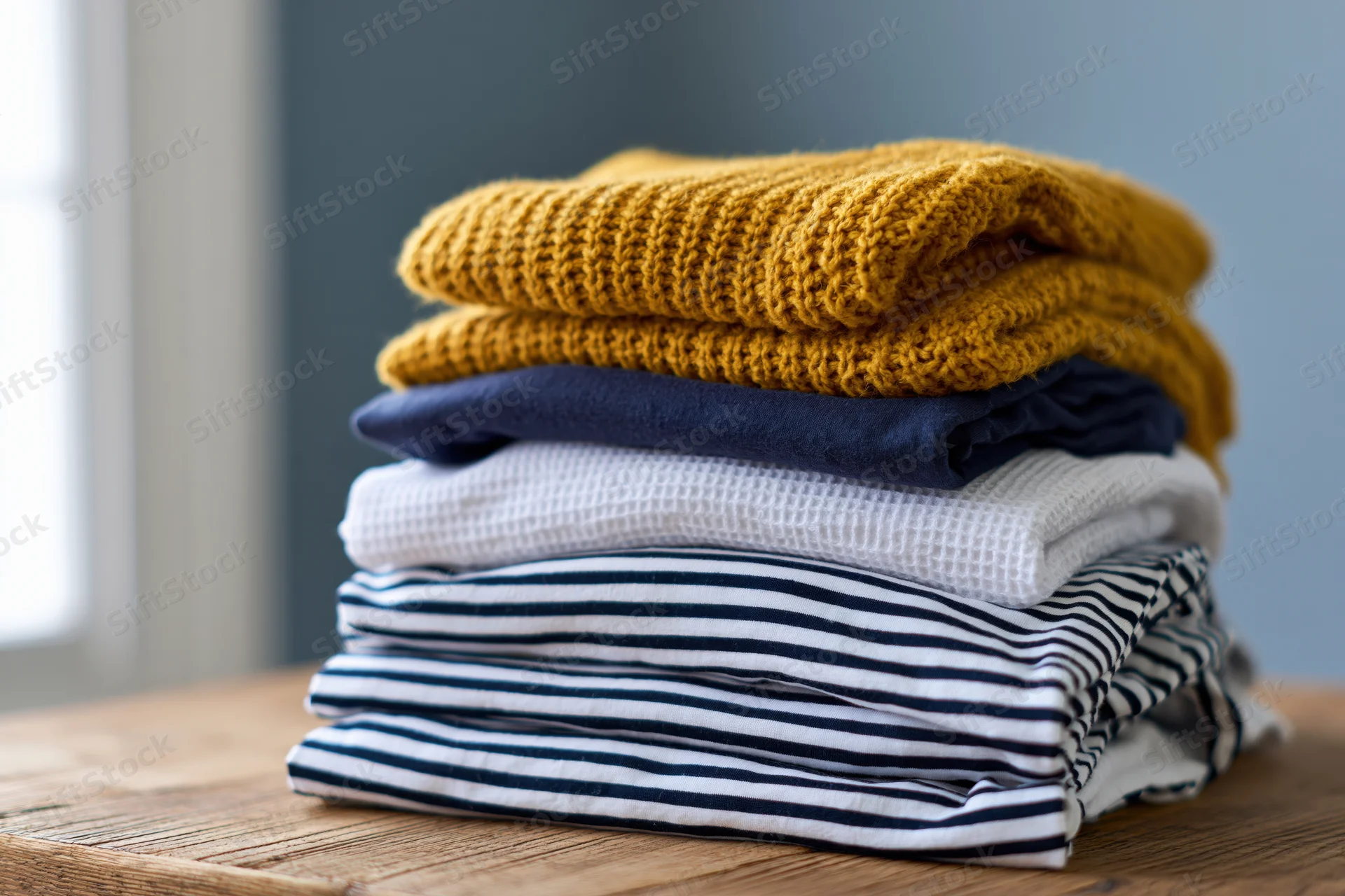 Stack of folded casual knitwear and cotton tops on wooden table