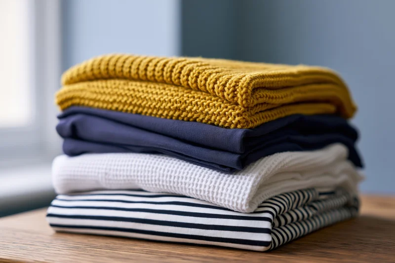 Stack of folded casual knitwear and cotton tops on wooden table