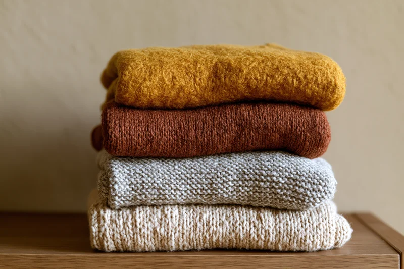 Stack of four folded knit sweaters in earth tones resting on wooden surface