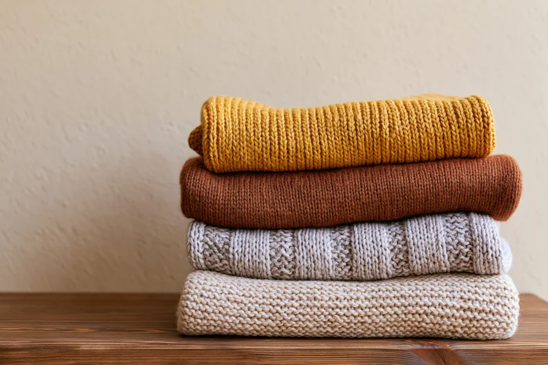 Stack of four folded knit sweaters on wooden table