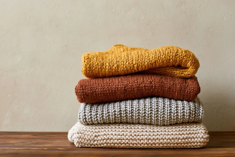 Stack of four folded knit sweaters in earth tones on wooden surface