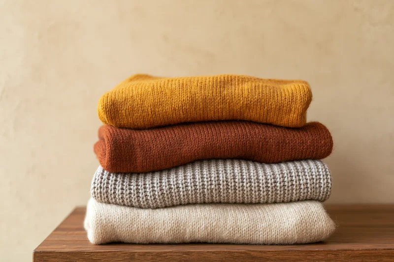 Stack of four folded knit sweaters in warm earth tones on wooden surface