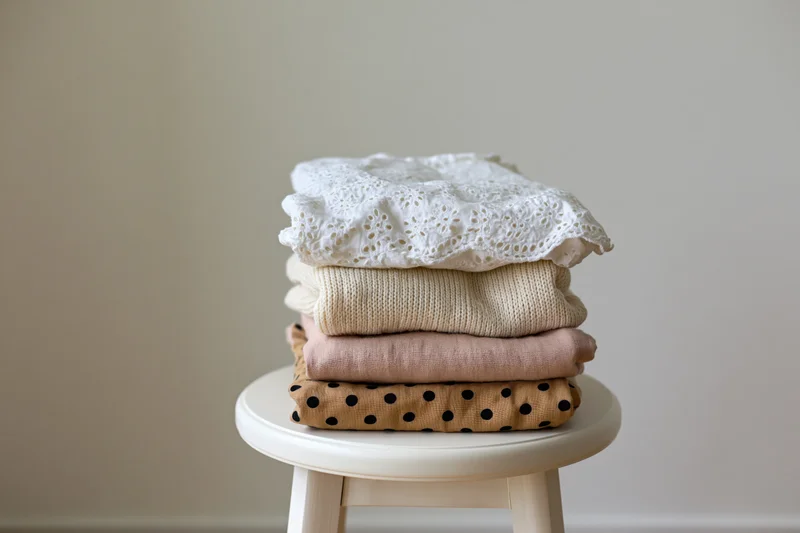 Stack of folded lightweight garments in neutral tones on a white stool