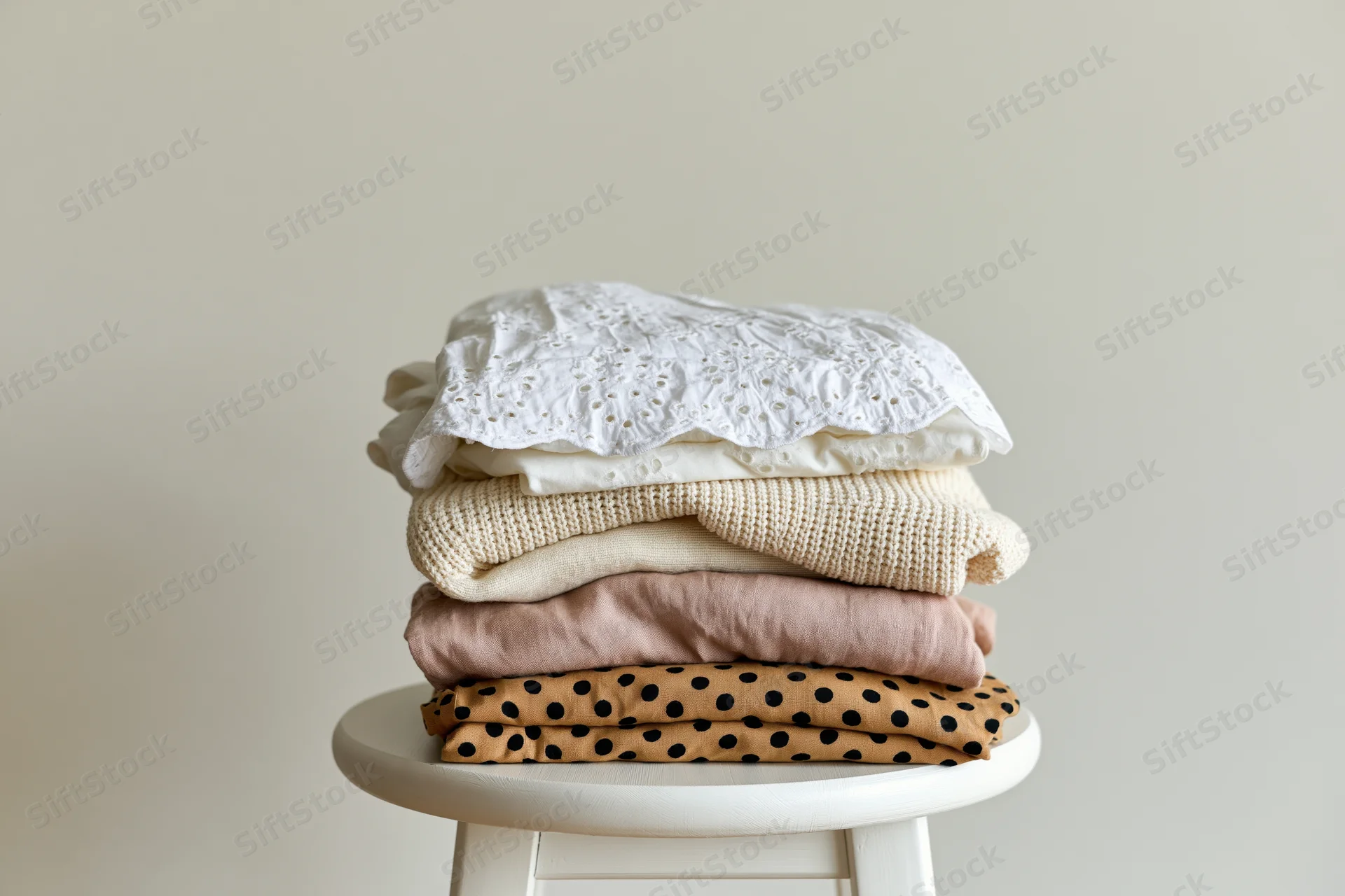 Stack of folded garments in neutral tones on a white stool