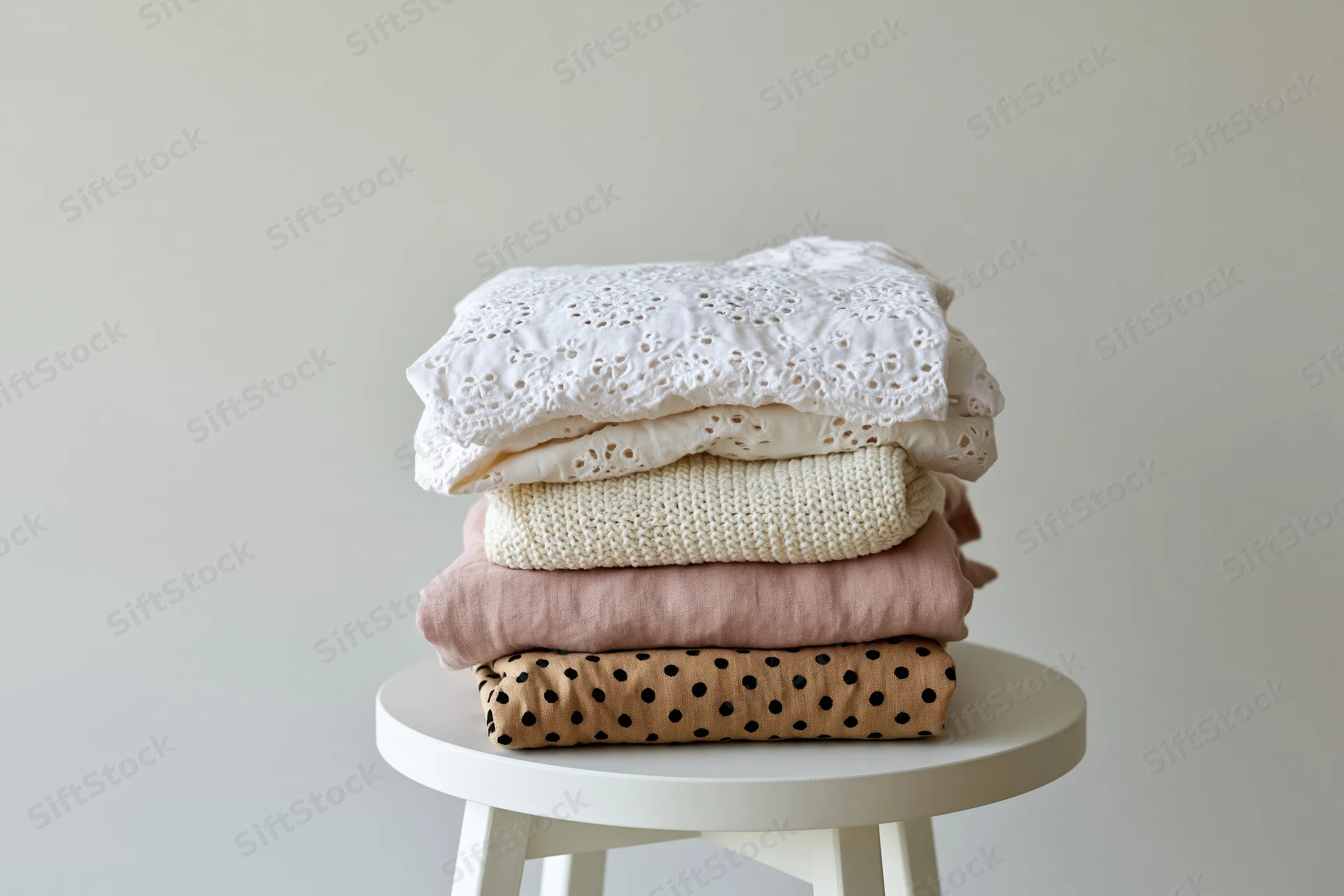Stack of folded lightweight garments in neutral tones on a white stool