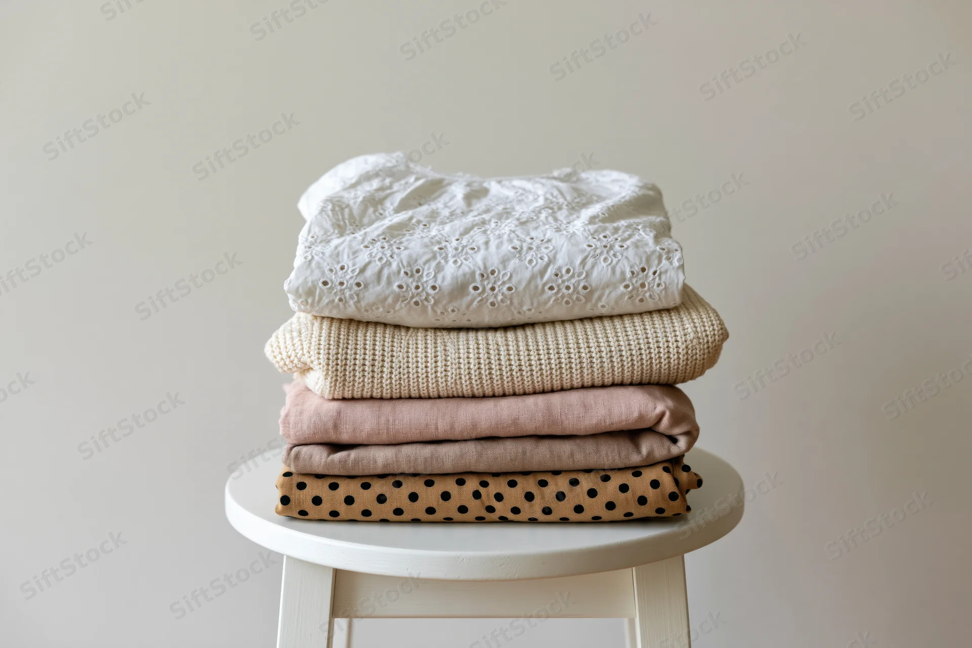 Stack of folded lightweight garments in neutral tones on a white stool