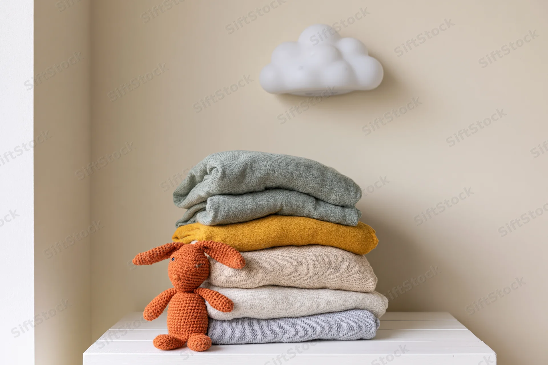 Stack of folded baby clothes on white shelf with crocheted rabbit toy and cloud decor in nursery
