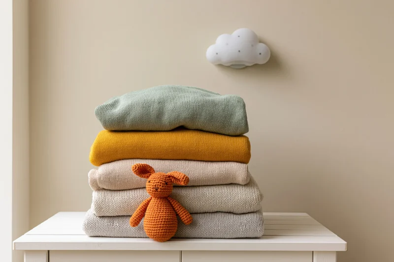 Stack of folded baby clothes with a crocheted bunny toy on a white shelf in a nursery