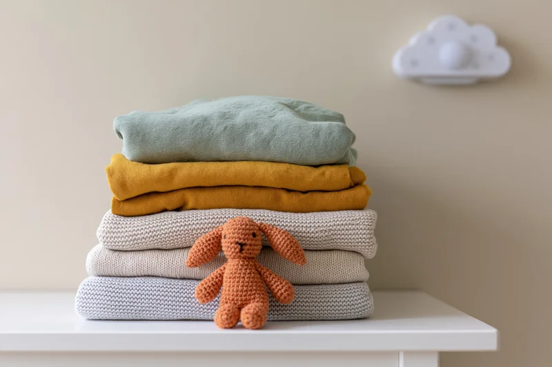 Stack of folded baby clothes with crocheted bunny on white shelf in nursery