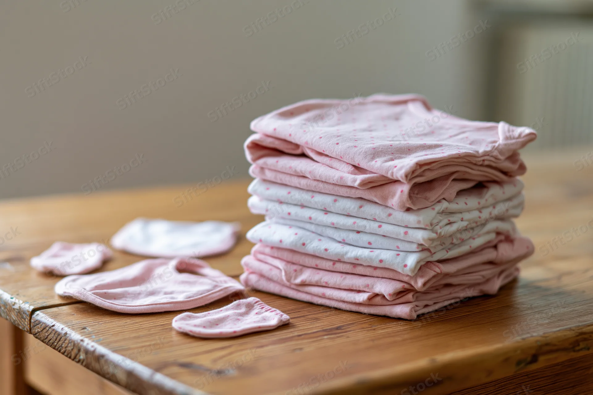 Stack of folded pink and white baby onesies on a wooden table