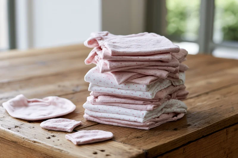 Stack of folded pink and white baby onesies on wooden table