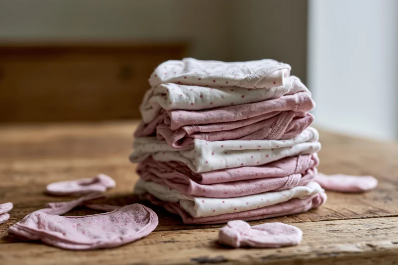 Stack of folded baby onesies in pink and white on wooden table
