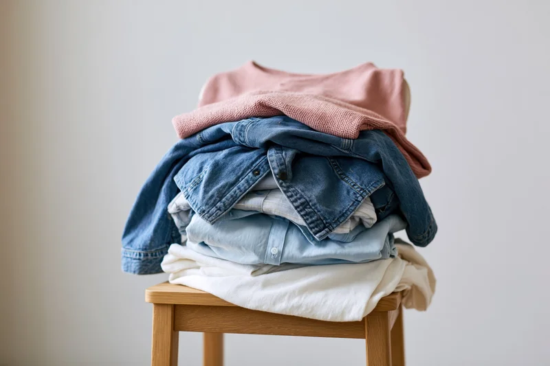 Stack of casual clothing including denim shirt and pink sweater on wooden stool