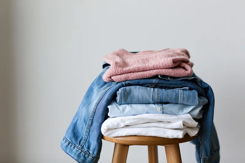 Stack of casual clothing folded and draped on a wooden stool in a neutral room