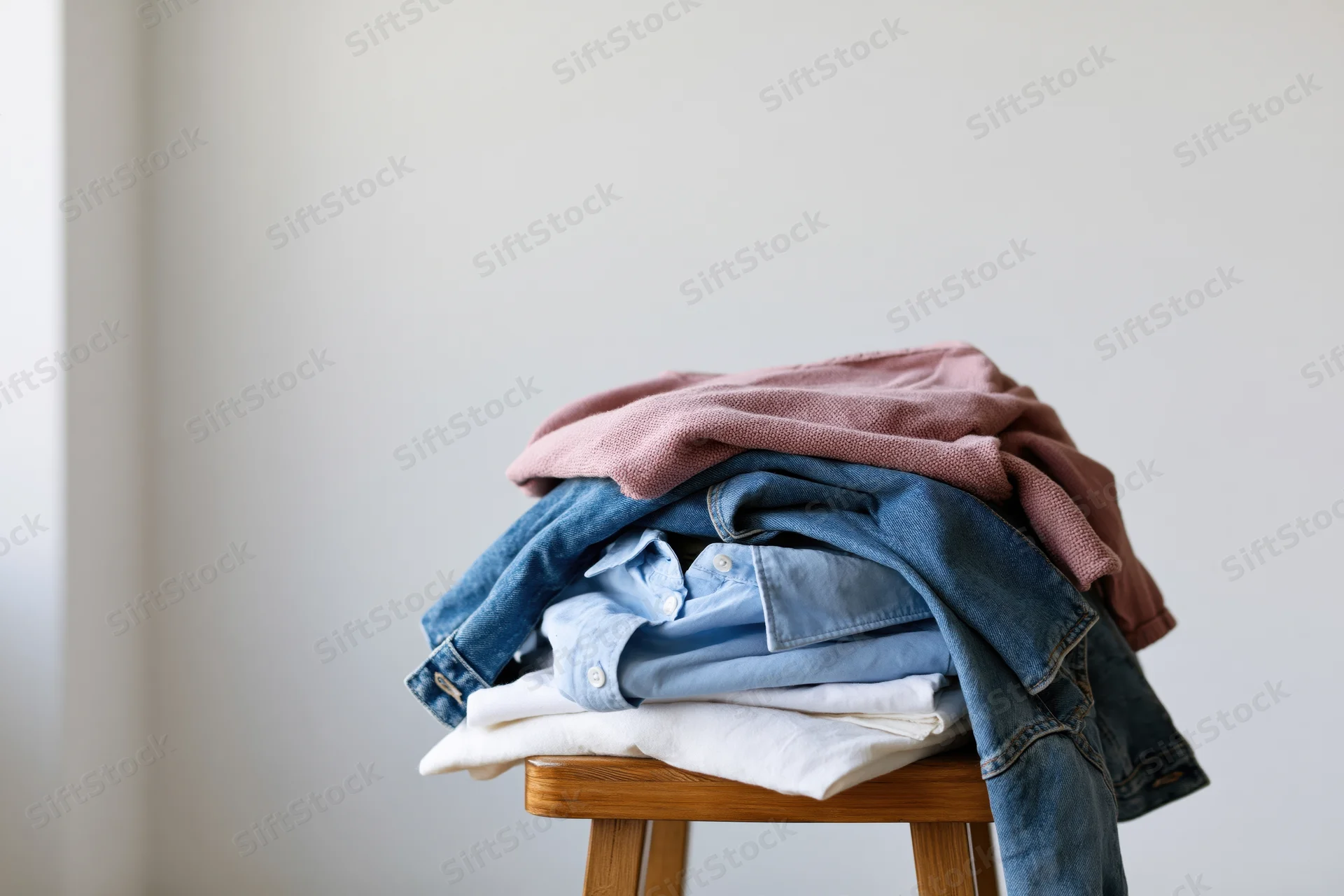 Pile of casual clothing stacked on a wooden stool in a minimalist room