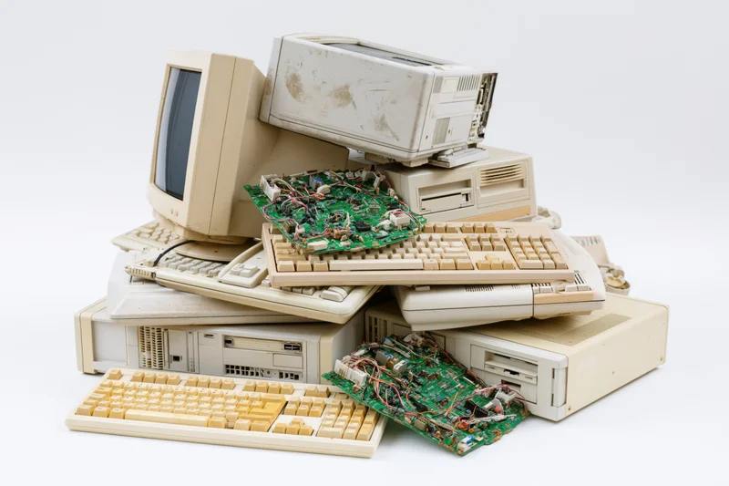 Pile of discarded 1990s computer equipment stacked together on white background