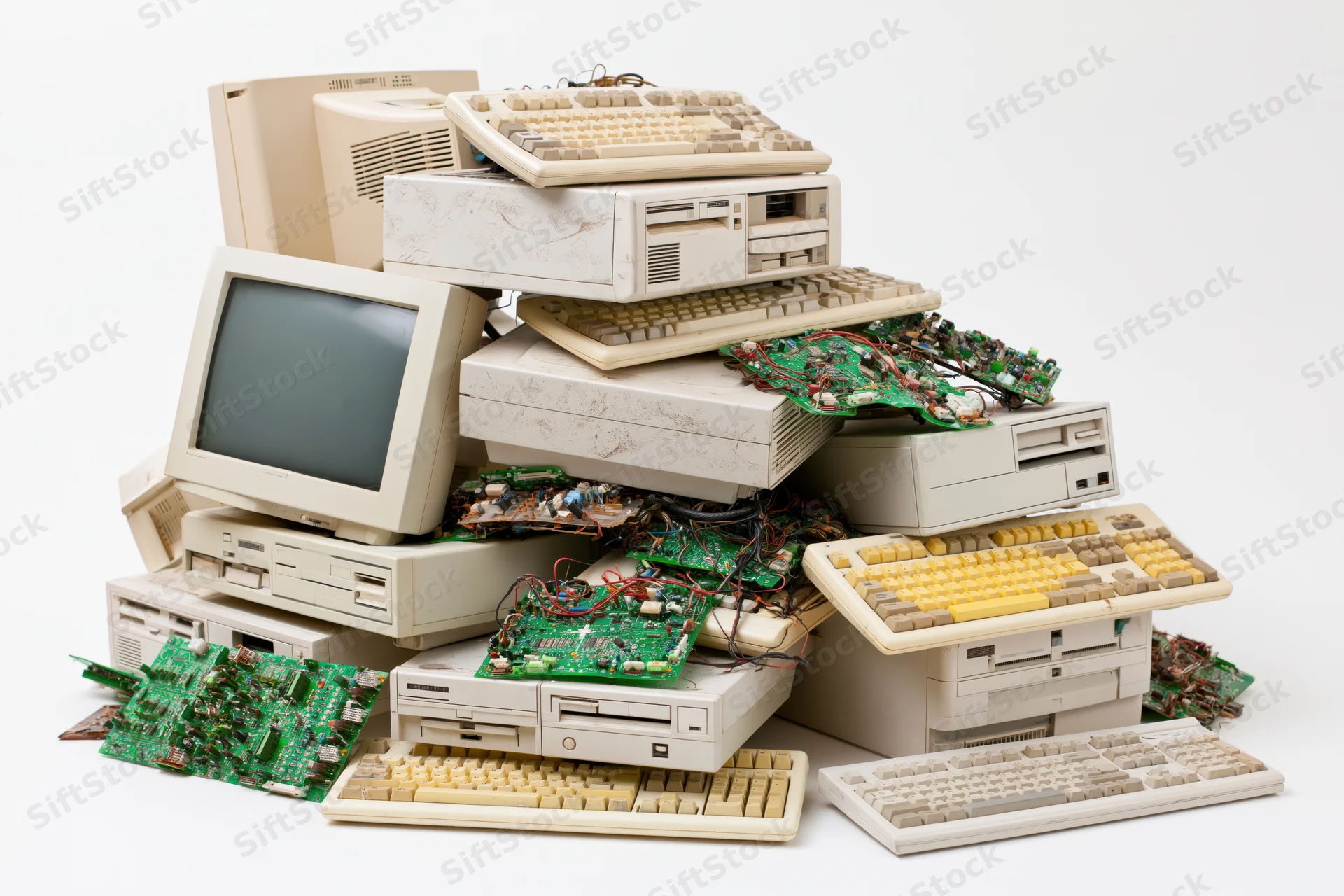 Pile of discarded 1990s computer equipment stacked together on white background
