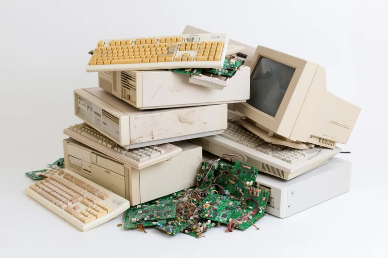 Pile of discarded 1990s computer equipment stacked together on white background