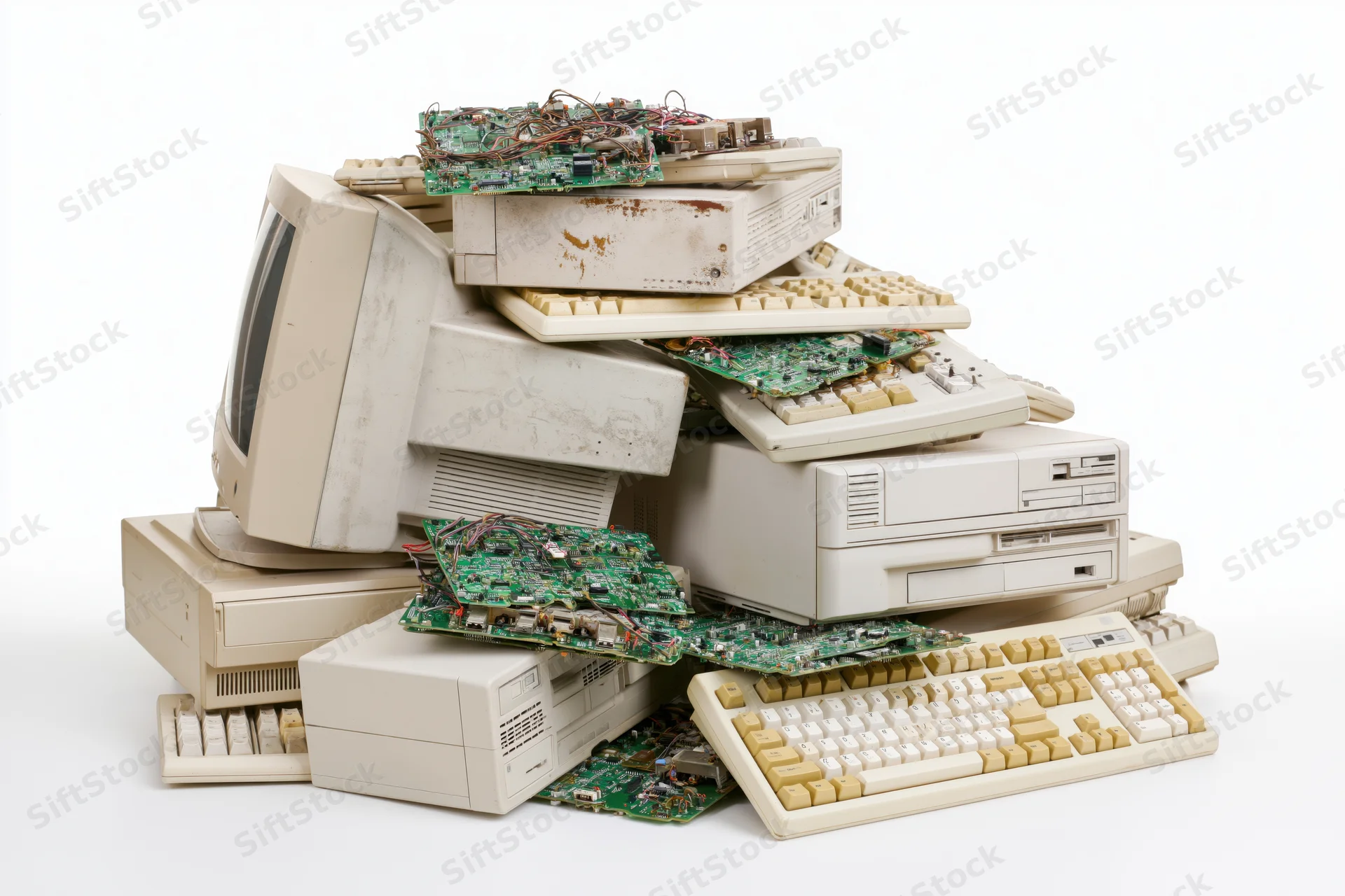 Pile of discarded 1990s computer equipment stacked together on white background