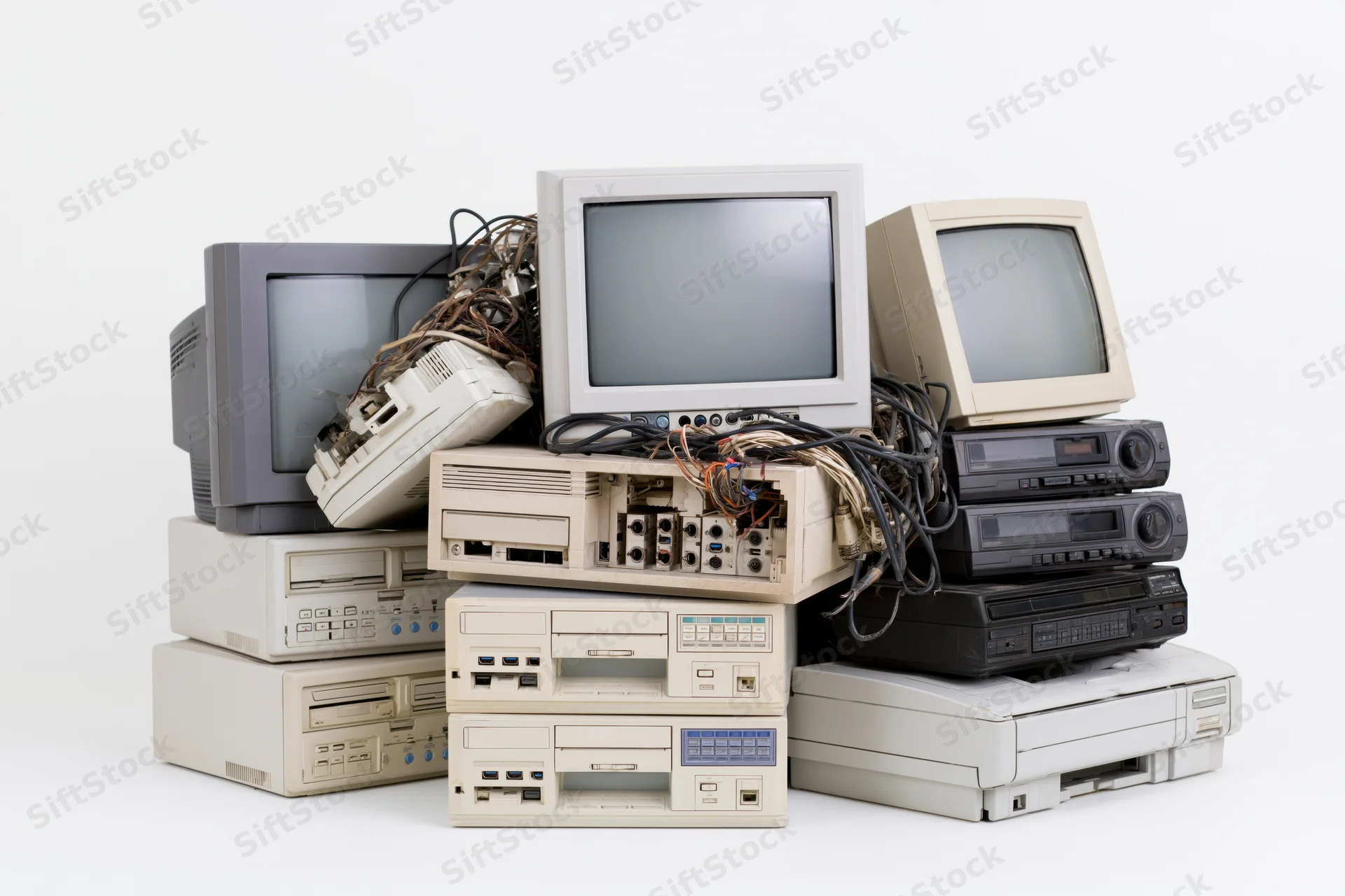 Stack of obsolete electronics including monitors, computers, and media devices on white background