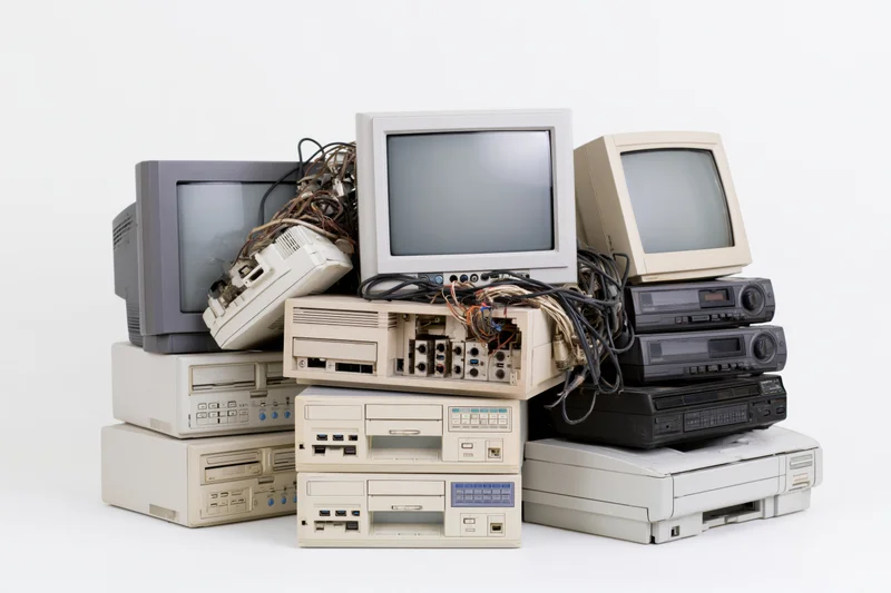 Stack of obsolete electronics including monitors, computers, and media devices on white background