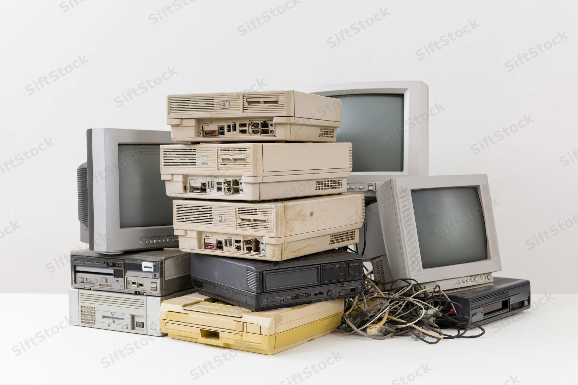 Stack of obsolete computers and monitors piled together on white surface