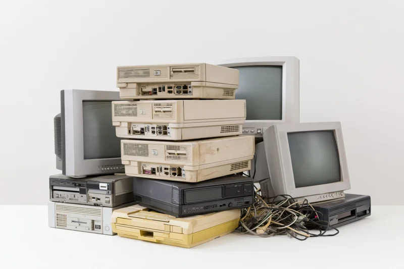 Stack of obsolete computers and monitors piled together on white surface