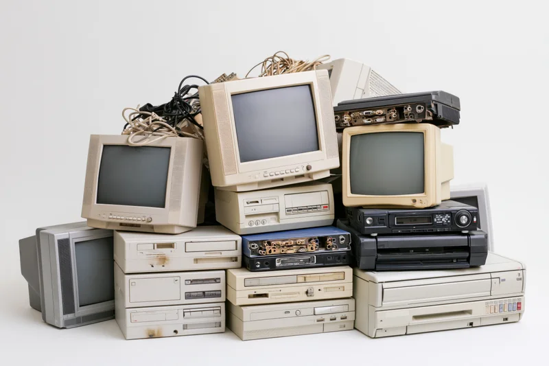 Pile of obsolete electronics stacked together on white background