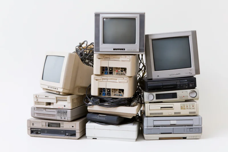 Stacks of old discarded electronics including monitors and computer towers on white background