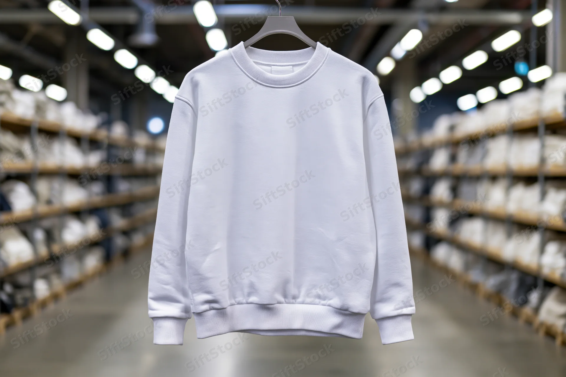 White crewneck sweatshirt hanging on a hanger in a warehouse with shelves of clothing in the background
