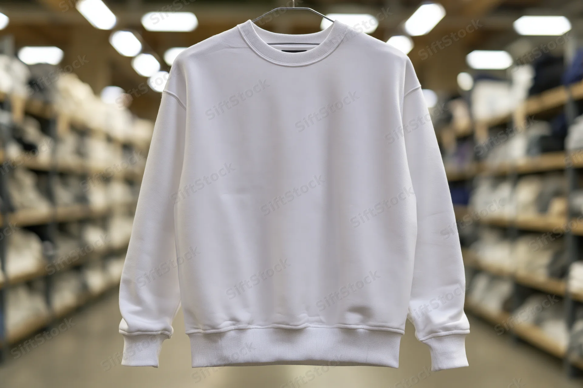 White crewneck sweatshirt hanging on hanger in retail store aisle