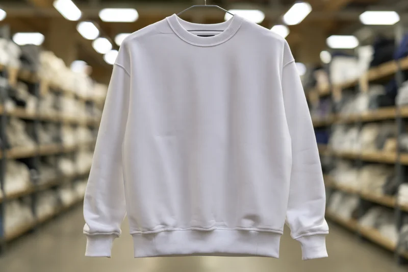 White crewneck sweatshirt hanging on hanger in retail store aisle