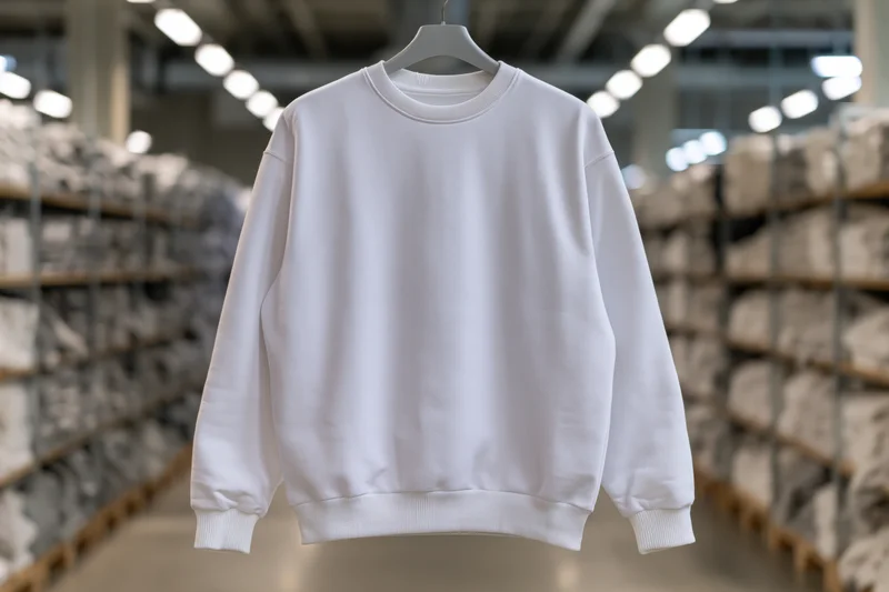 White crewneck sweatshirt hanging on hanger in warehouse with stacks of folded garments in background