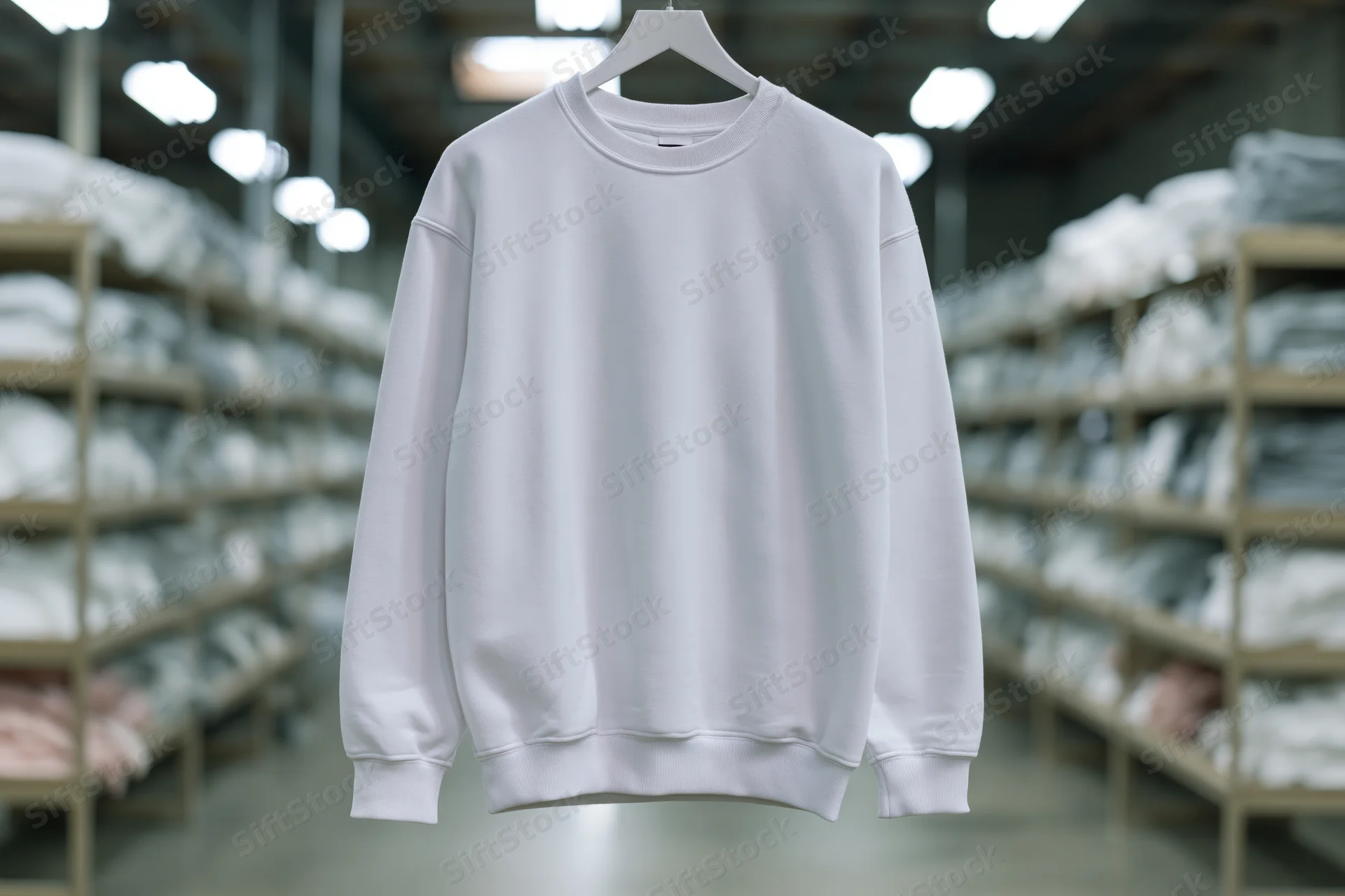White crewneck sweatshirt hanging on a hanger in a warehouse with folded apparel on shelves in the background