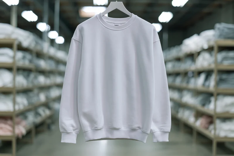 White crewneck sweatshirt hanging on a hanger in a warehouse with folded apparel on shelves in the background